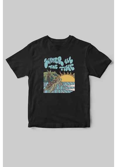 Yaz Zamanı Summer Time Caretta Caretta Deniz Kum Güneş Baskılı Regular Fit %100 Pamuk Siyah T-shirt Siyah