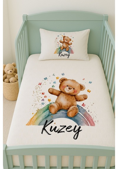 %100 Pamuk İsme Özel İsimli 100x150 Cm Pike Seti Gökkuşağı Ve Teddy