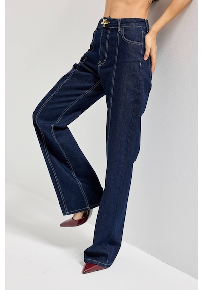 it's basic Kadın İndigo Renk 7s6-50 Straight Fit Yüksek Bel Düğme Detaylı Denim Jean