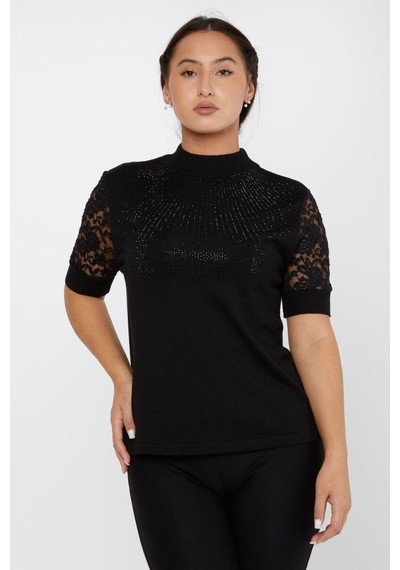 Kazee Kolları Dantel Detaylı Triko Bluz Siyah - 799313730 Siyah