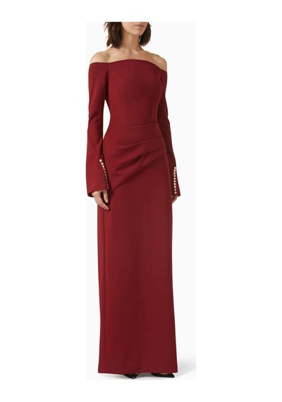 Eegen Studio Louisa Maxi Dress - Off - Shoulder, Düğmeli Kollu, Sırt Yırtmaçlı, Şık Tasarım Elbise Kırmızı