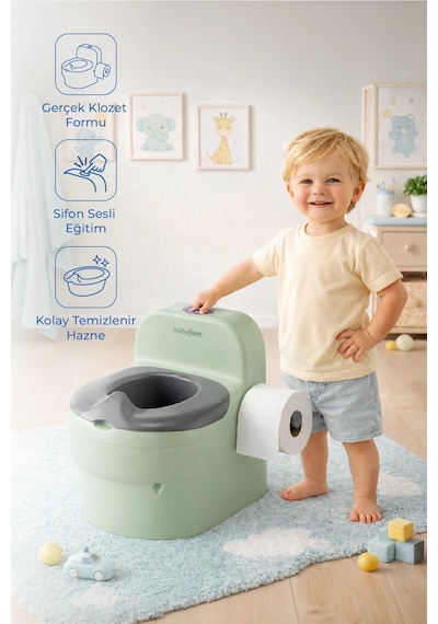 Babyjem Bebeğimin İlk Tuvaleti Sifon Sesli Lazımlık Oturak Soft Yeşil Çok Renkli
