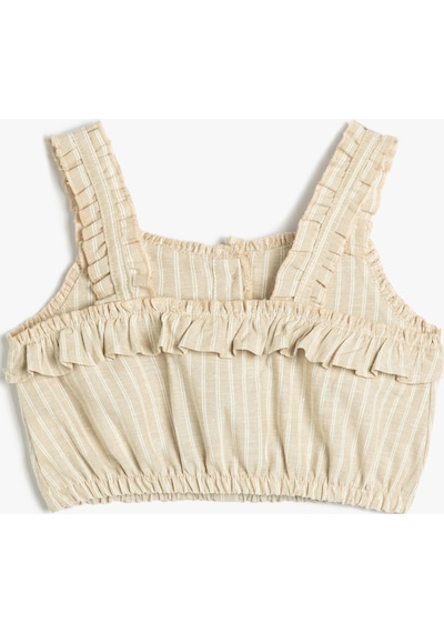 Koton Crop Bluz Askılı Fırfırlı Düğmeli Bej Çizgili 3skg60041aw 3SKG60041AW0S5 Ekru