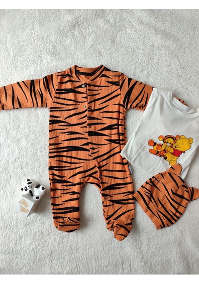 3-6-9-12 Ay Pooh Desenli Zebra Çizgili Şapkalı Sweatli 3lü Kız Erkek Bebek Tulumu Turuncu 001