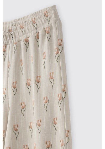 Panço Kız Çocuk Çiçek Desenli Pijama Takımı Bej