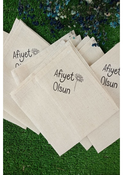 6 Adet Afiyet Olsun Çiçekli Keten Peçete - Servis Sunum Peçetesi - Baskılı Peçete Kırık Beyaz