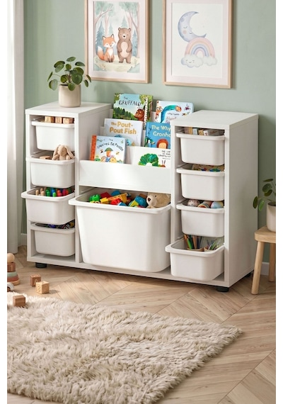 9 Sepetli Dolap Oyuncak Dolabı Çok Amaçlı Dolap Montessori Kitaplıklı Aden Beyaz