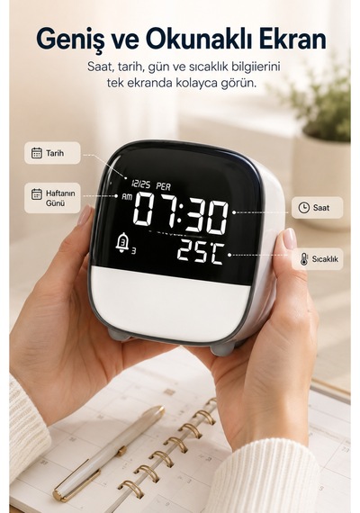 Çok Fonksiyonlu Led Masa Saati 1200 Mah Şarjlı, 3 Alarmlı,dokunmatik Gece Lambalı Ve Sıcaklık Göstergeli Beyaz Beyaz