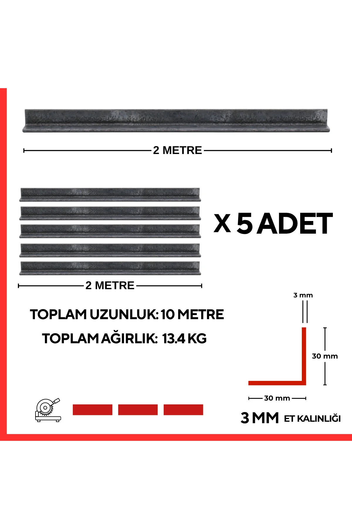 30x30x3 Mm Köşebent Demir 2 Metre 5 Adet S235jr Çelik L Profil Bahçe, Sera Ve Projeler İçin