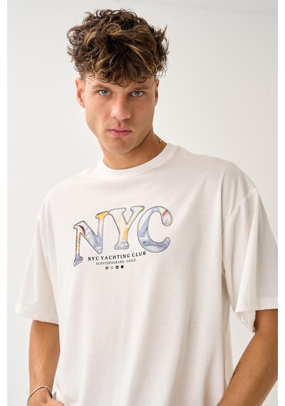 Geniş Kalıp Bisiklet Yaka Baskılı Unisex T-shirt Beyaz