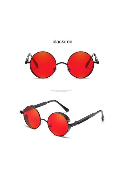 Retro Vintage Steampunk Gothic Tarz Yuvarlak Güneş Gözlüğü Kırmız