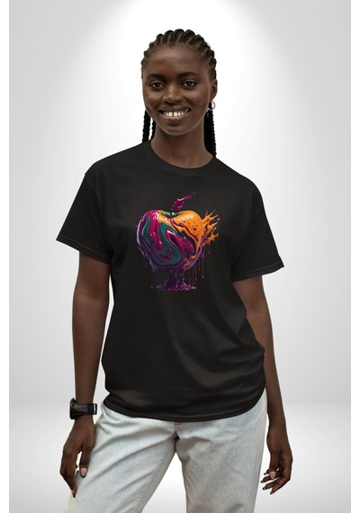 Yağlı Boya Elma Pamuklu Bisiklet Yaka Unisex Oversize Boyfriend Dijital Baskılı Siyah T-shirt Siyah