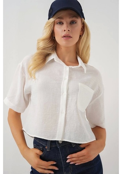 Defymoda Kısa Kol Crop Gömlek 20341 - Beyaz Beyaz