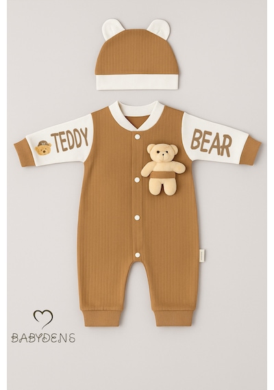 Babyden's Teddy Bear Temalı Yenidoğan Fitilli Tulum Takımı Ayıcıklı Erkek Bebek Tulum Şapka Set %100pamuk Kahverengi