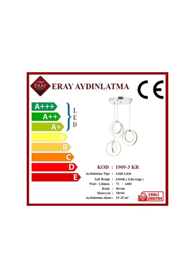 Eray Aydınlatma 1909-3 Krom 3 Lü Led Avize