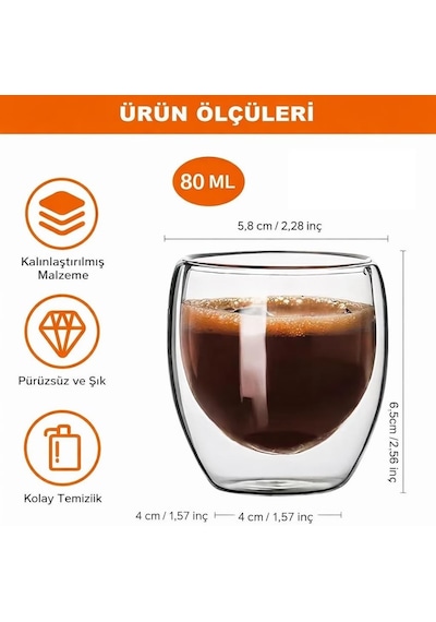 Reoona 2 Li Espresso Bardağı 80 Ml Kahve Bardağı Çift Cidarlı Bardak Şeffaf