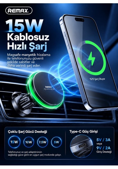 Magsafe 15w Manyetik Kablosuz Şarjlı Araç Telefon
