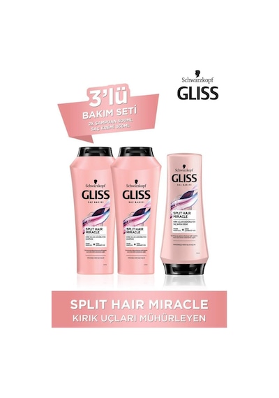 Gliss Split Hair Miracle Şampuan 2 x 500 ML+ Split Hair Miracle Saç Kremi 360 ML