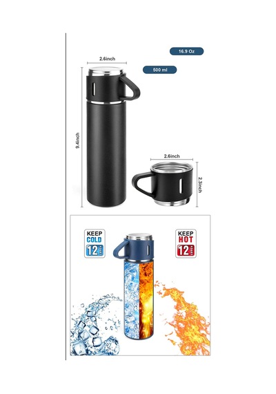 Paslanmaz Çelik 3 Bardaklı Vakumlu Termos Set 500 Ml, 12 Saate Kadar Isı Koruma Termos Pembe