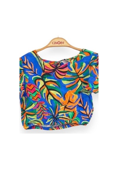 Kız Çocuk Desenli Crop Bluz-13759-mavi Mavi