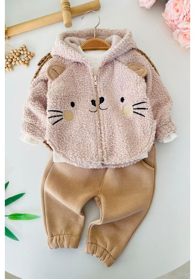 Minigimin Cicileri Kedi Figürlü Peluş Ceketli, Baskılı Tişörtlü Ve Fırfır Paçalı Kız Bebek 3 Lü Takım - Bej Minigimin Cicileri Kedi Figürlü Peluş Ceketli, Baskılı Tişörtlü Ve Fırfır Paçalı Kız Bebek 3 Lü Takım - Bej