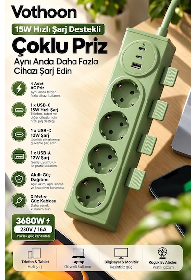4 Lü Akıllı Priz Tek Dokunuşla Fiş Çıkarma 2 Metre Kablo 2 Type-c + Usb 15w Hızlı Şarj 3680w Najmaddin Belirtilmemiş
