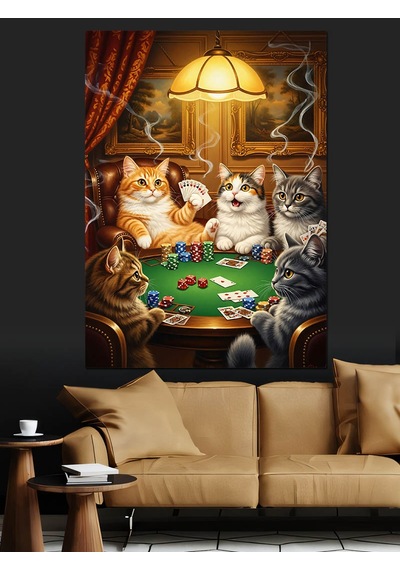 Ahşap Tablo Poker Oynayan Kedi Grubu