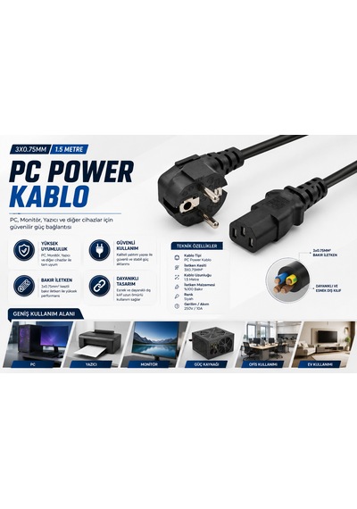 Pc Power Güç Kablosu 1.5 M Iec C13 3 0.75 Mm²
