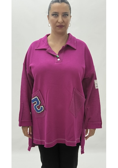 Büyük Beden Yakalı Cepli Sloganlı Uzun Kol Oversize Viskon Kadın Tunik Sweatshirt Pembe