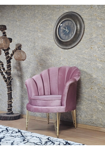 Zafir Tekli İstiridye Gold Kaplama Telli Ayak Çay Seti Koltuk Tekli Berjer , Balkon, Salon, Ofis Pembe