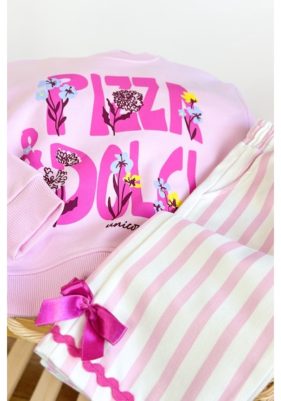 Monila Kız Çocuk Pembe Pizza Yazılı Pamuklu Sweatshirt Ve Pembe Çizgili Kanvas Pantolonlu Alt Üst Takım