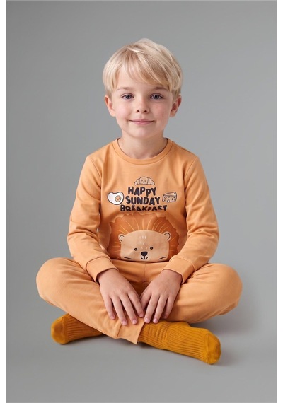 Defacto %100 Pamuk Baskılı Sweatshirt Üst Lastikli Paça Alt 2li Pijama Takımı Erkek Bebek I1437a526auog615 Turuncu-og615