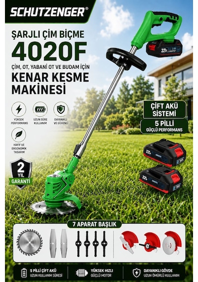 Schutzenger 4020F Şarjlı Ot Çim Biçme Kenar Kesme Makinesi 5 Pilli 2 Batarya 7 Başlıklı Şarjlı Tırpan Yeşil