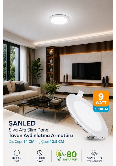 9w Tasarruflu Led Yuvarlak Beyaz Işık Sıva Altı Slim Panel 4 Adettir