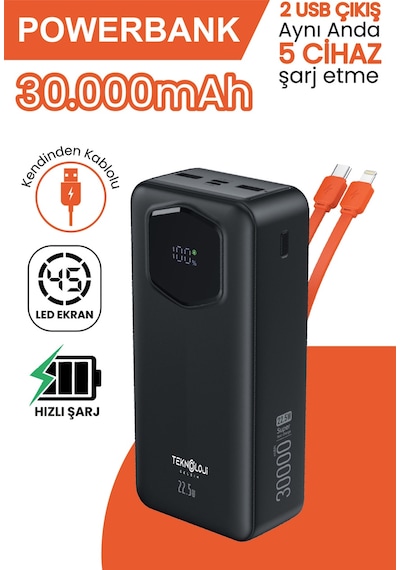 30.000 Mah Hızlı Şarj Powerbank 22.5 W Kendinden Kablolu Göstergeli Taşınabilir Batarya Siyah