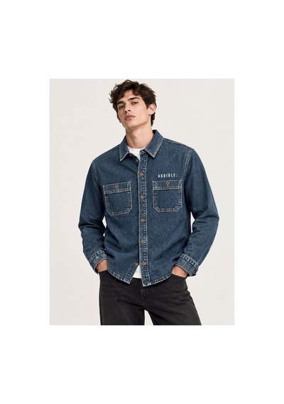Little Cup Jeans Co Koyu Mavi Premium Tok Kumaş Çift Cep 90lar Erkek Denim Kot Gömlek Açık Mavi