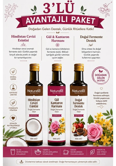 Naturella Hindistan Cevizi , Relax Ve Gül & Kanataron Sirkesi 3'lü Set X 500 Ml