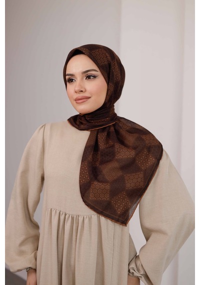 Mimiyum Mosaic Desen Soft Eşarp Kahve Kiremit Çok Renkli