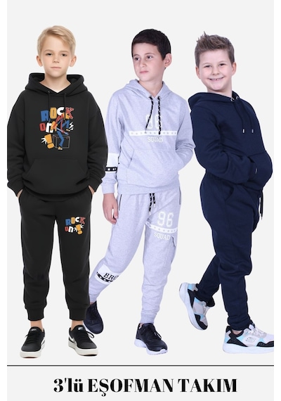 Fyk Kids Erkek Çocuk 3lü Kapüşonlu Kanguru Cepli Baskı Detaylı Eşofman Takımı Çok Renkli