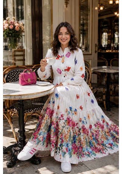 Hb Harma Time Butik Kadın Düğmeli Çiçek Desenli Modal Beyaz Elbise