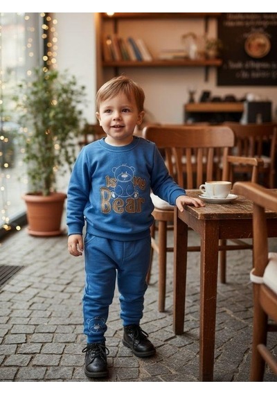 Zekids Erkek Bebek Pamuklu Ayıcıklı Eşofman Takım-16330 Mavi