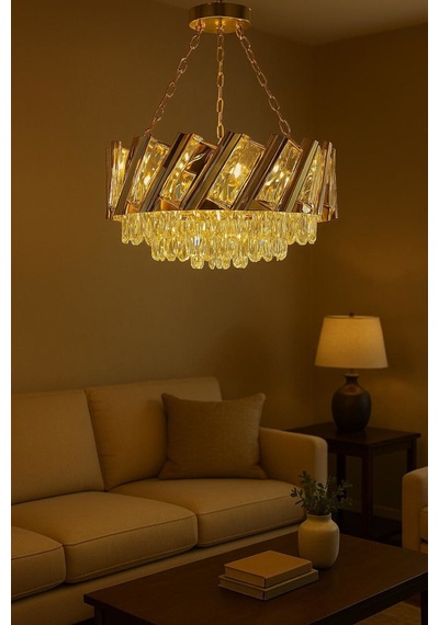 Firuze Model Gold Kaplama Şık Taşlı Salon Antre Oturma Misafir Odası Modern Avize Gold