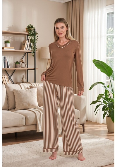 Findit Şık Tasarım V Yaka Biyeli Viskon Geniş Paçalı Çizgili 2'li Loungewear Pijama Takımı Kahverengi