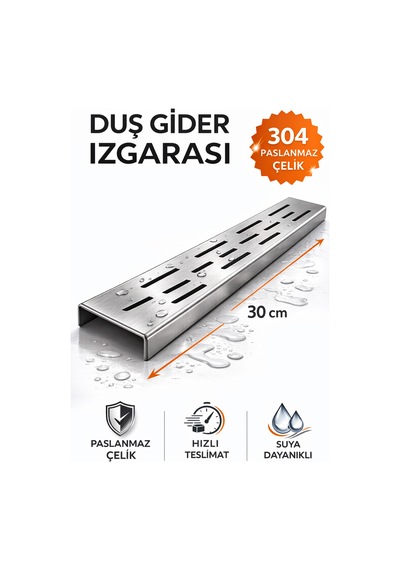 30 Cm Lineer Duş Gider Izgarası 304 Paslanmaz Çelik 5 Cm Genişlik Üst Kanal Izgarası