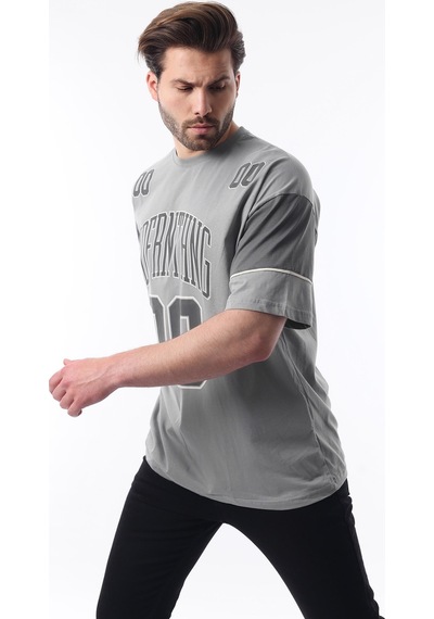 Madmext Boyalı Gri Baskılı Pamuklu Oversize Erkek T-shirt 7035 Boyalı Gri