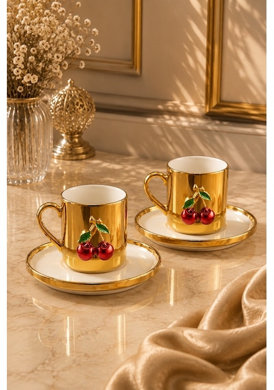 2 Kişilik Porselen Gold Platin Kaplama Kiraz Kahve Fincan Takımı Seti 100ml Altın