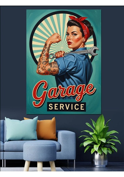 Retro Tamirci Kadın Posteri Dekoratif Kanvas - Mdf Ahşap Tablo