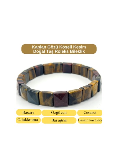 Sertifikalı Kaplan Gözü Karma Renk Köşeli Kesim Doğal Taş Roleks Bileklik Çok Renkli