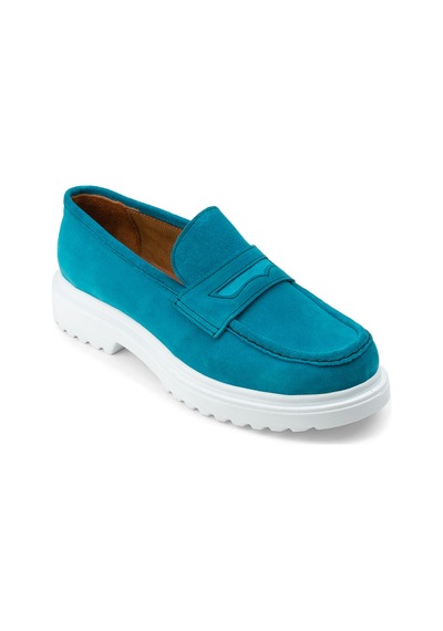Deery Hakiki Süet Turkuaz Rengi Loafer Kadın Ayakkabı - 01903ztrkp01 Turkuaz