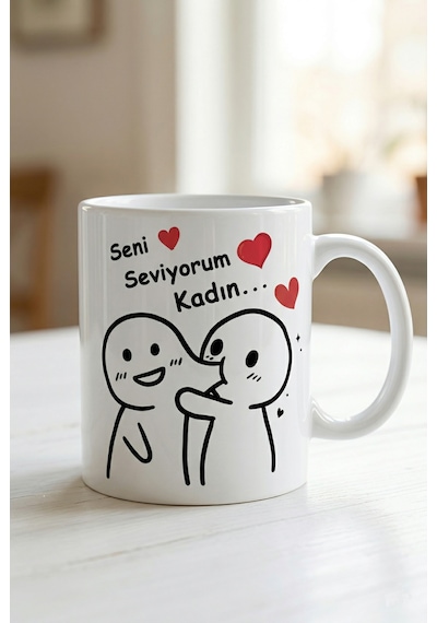 Çift Kupası Seni Seviyorum Kadın Yazılı Sevgiliye Eşe Özel Hediye Kalpli Kupa Bardak Özel Tasarımlı Beyaz